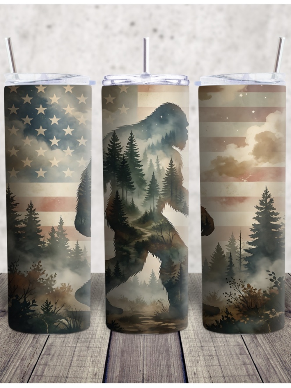 Hand Crafted American Flag Bigfoot Forest Tumbler in Green, Brown, Cream